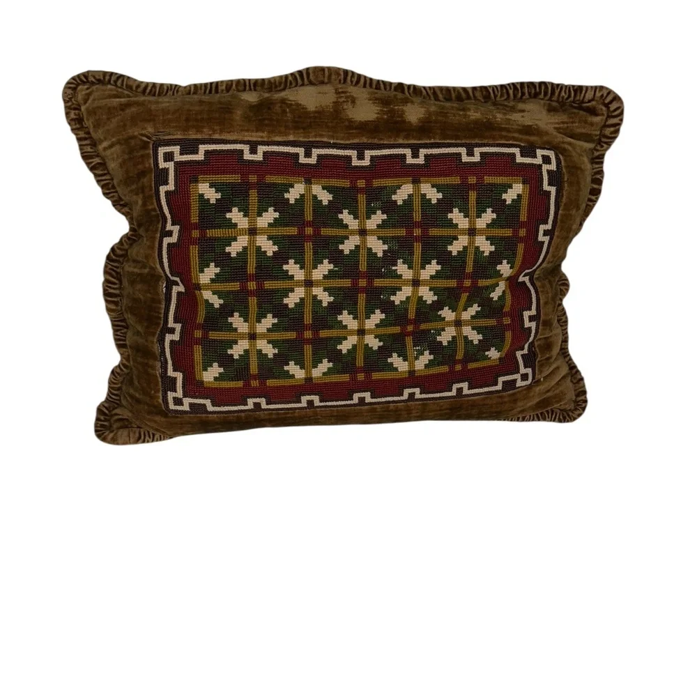 antique needlepoint earthy browns velvet backed pillow